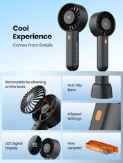 Warmco Portable Handheld Fan 5000mAh, Mini Turbo Fan with LED Display & Base, High Speed USB Rechargeable Personal Fan, Small Pocket Size for Travel, Makeup, Office, Outdoor