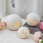 Set of 3 Ceramic Floral Carved Battery Powered Lantern Lamps, Cordless Decorative Table Lights for Living Room, Bedroom, Weddings, Parties & Outdoor Decor (Round)