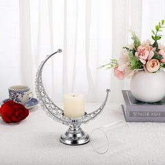 Moon Shape Crystal Tea Light Candle Holder with Detachable Shade – Silver Metal Table Centerpiece for Home, Wedding & Party Decor