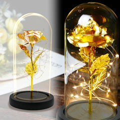 Golden Rose in Glass Dome Black Wooden Base, 24K Eternal Rose Light Up Rose Batteries Included Beauty and the Beast Rose for Wedding Anniversary Mama Valentines Christmas Birthday