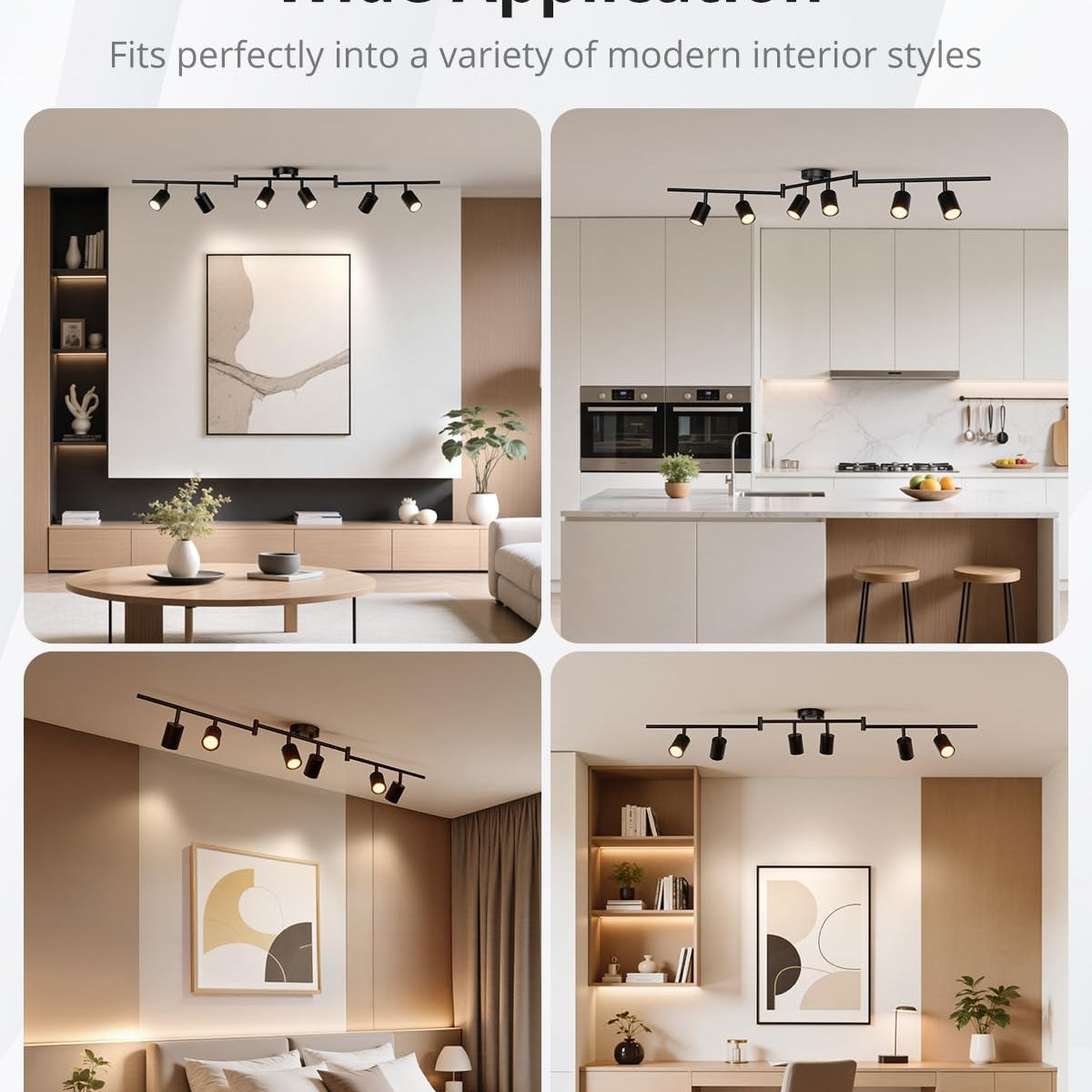 Track light fixture in various modern interior settings including a living room, kitchen, bedroom, and office.