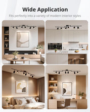 Track light fixture in various modern interior settings including a living room, kitchen, bedroom, and office.