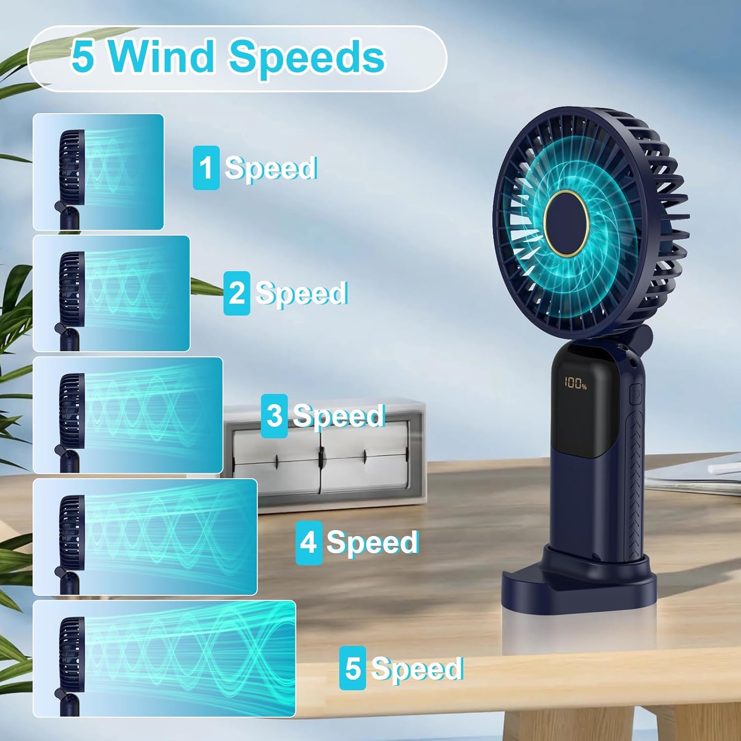 Handheld Fan Rechargeable, Portable Mini Fan Handheld with 5 Speeds 5000mah, Electric USB Small Hand Held Fans, Powerful Personal Fan Foldable Fans for Outdoor Office Travel Camping School Home
