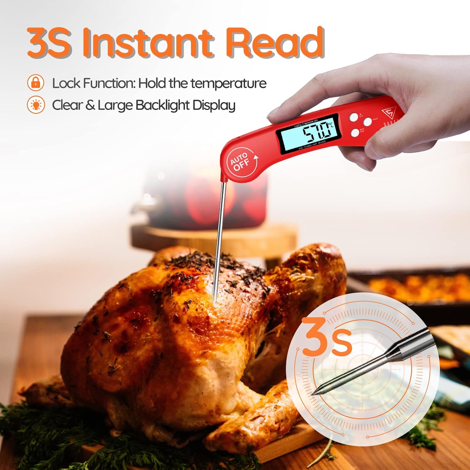 Digital Instant Read Meat Thermometer Red – Ultra Fast, Backlit, Foldable Probe