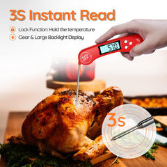 Digital Instant Read Meat Thermometer Red – Ultra Fast, Backlit, Foldable Probe