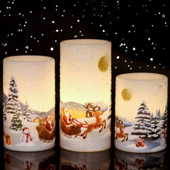 Christmas Flameless Candles Flickering with 6H Timer, 3 Pack Snow Scene Snowman Decal Real Wax Candles Lights LED Flames for Christmas Home Decoration Powered by 2 AA Batteries