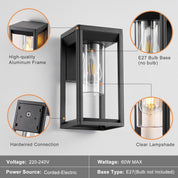 Outdoor wall light fixture with features highlighted on a gray background