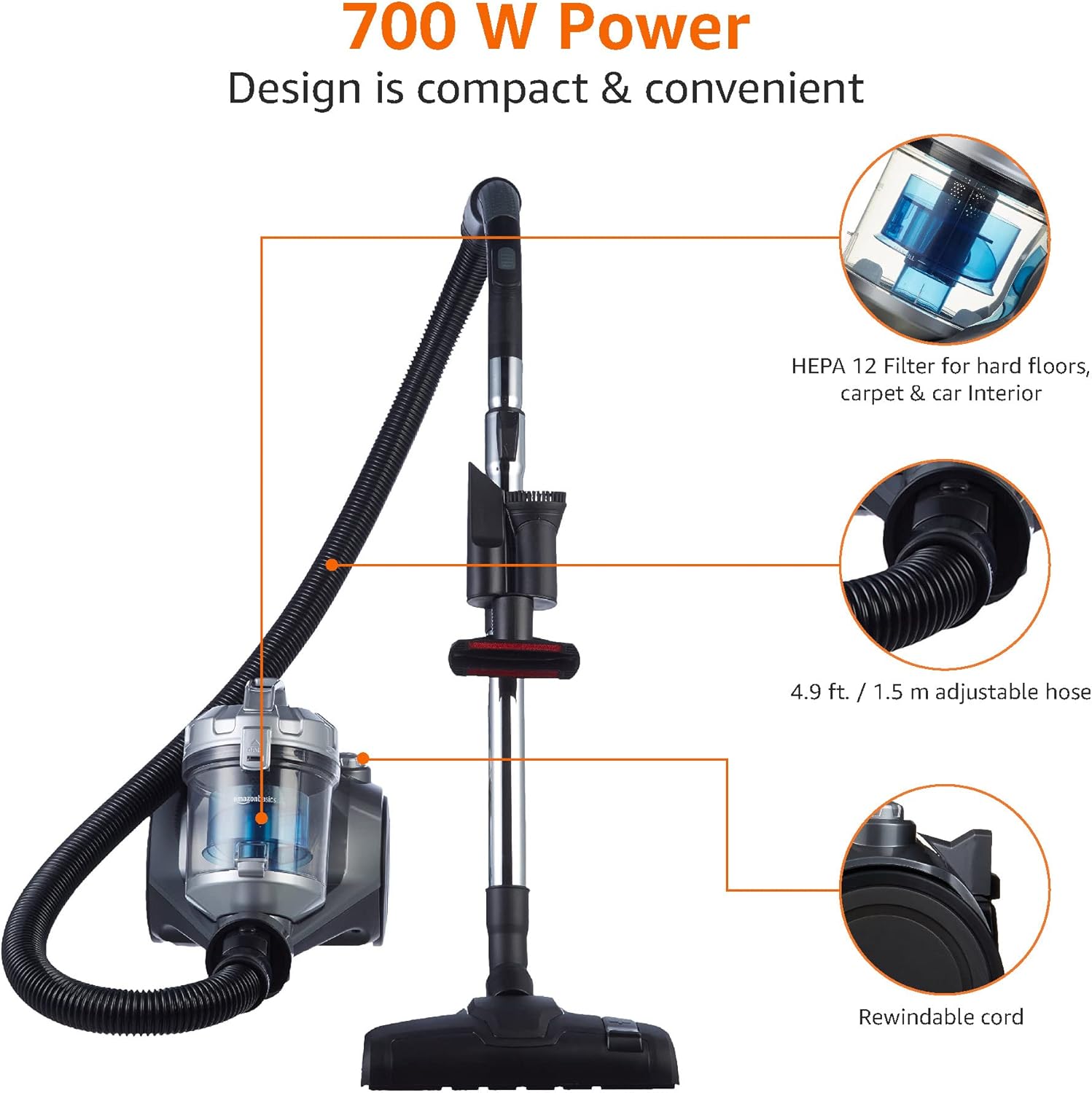 Amazon Basics 700W Bagless Cylinder Vacuum Cleaner with HEPA Filter – Compact & Lightweight Design for Hard Floors, Carpets & Cars (UK) – Black