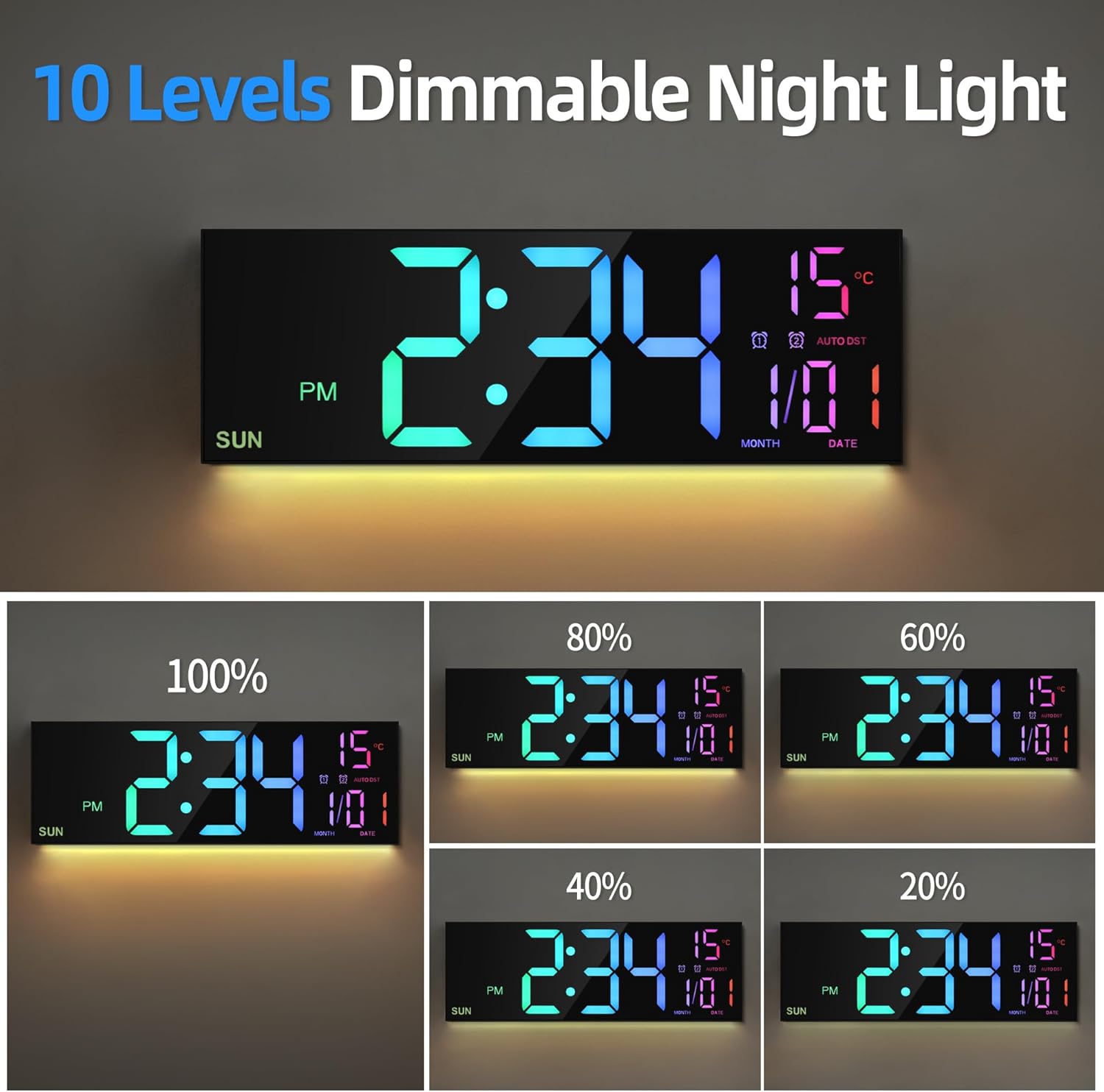16.5" Large LED Digital Wall Clock with Remote, Dual Alarm, RGB Colors, Date & Temperature Display