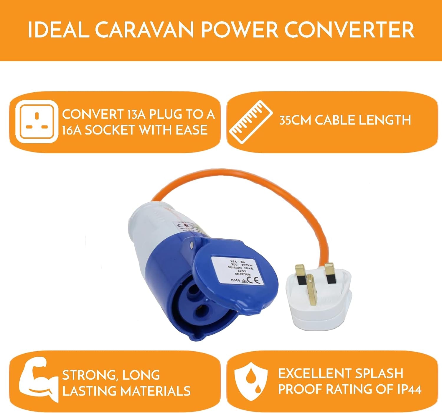 16amp to 13amp Adapter Caravan Hook Up Cable 240V 3 Pin UK Electric Hook Up For Camping, Caravan, Campervan Mains To UK Plugs Orange
