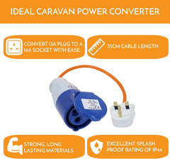 16amp to 13amp Adapter Caravan Hook Up Cable 240V 3 Pin UK Electric Hook Up For Camping, Caravan, Campervan Mains To UK Plugs Orange
