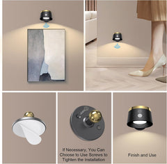 Collage of a modern wall light fixture with installation instructions on a neutral background.