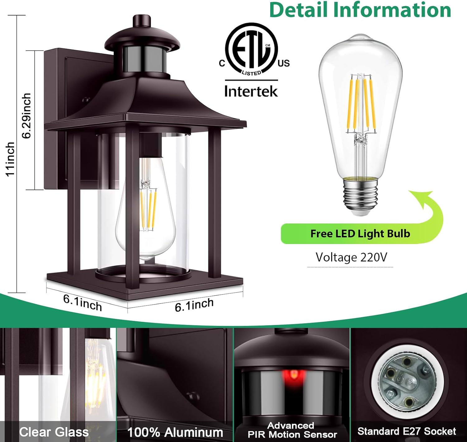 Brown Outdoor Wall Light with Motion Sensor – Waterproof Aluminum Security Wall Lantern with Bulb, Anti-Rust Outside Sconce for Garden, Porch, and Doorway