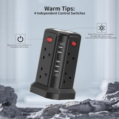 Tower Extension Lead 8-Way with 5 USB Ports & Night Light, Surge Protected Power Strip 1.8M