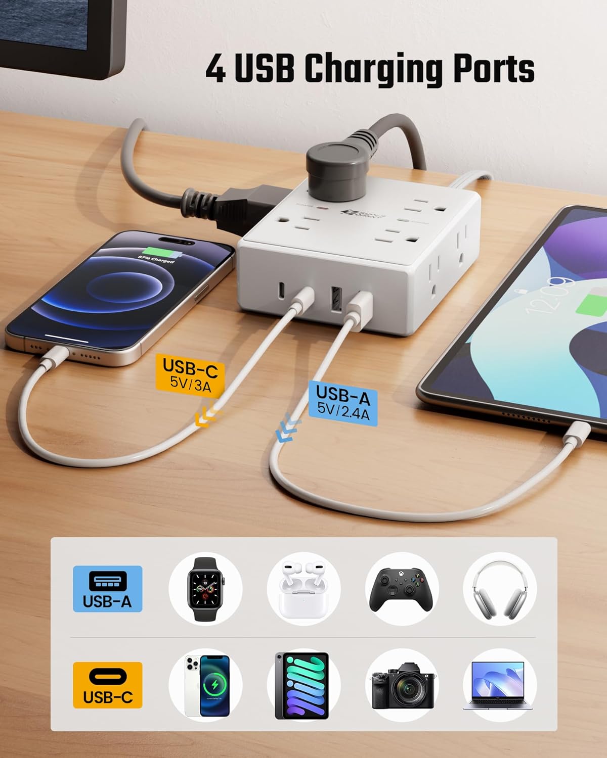 10Ft Extension Cord Surge Protector Power Strip – 8 Outlets & 4 USB (2 USB-C) for Home, Office