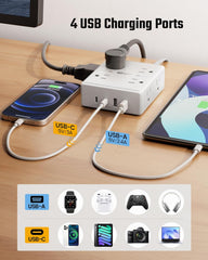 10Ft Extension Cord Surge Protector Power Strip – 8 Outlets & 4 USB (2 USB-C) for Home, Office