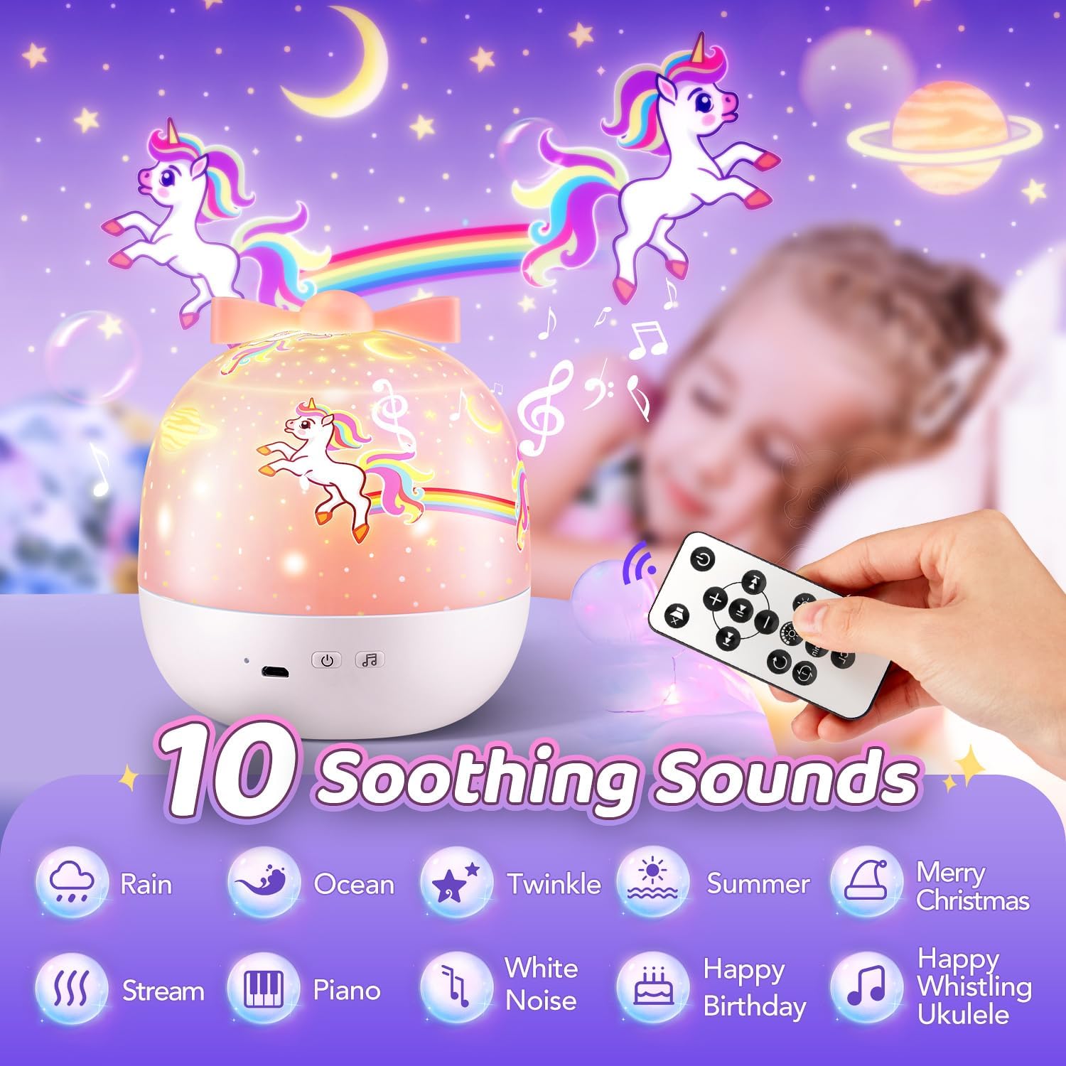 Kids Night Light Projector, 144 Lighting Modes + 15 Films, USB Rechargeable Baby Night Light with Remote, 360° Rotating Projector for Kids Bedroom