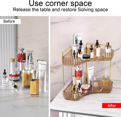 2-Tier Corner Bathroom & Vanity Organizer, Gold Makeup, Perfume & Counter Tray