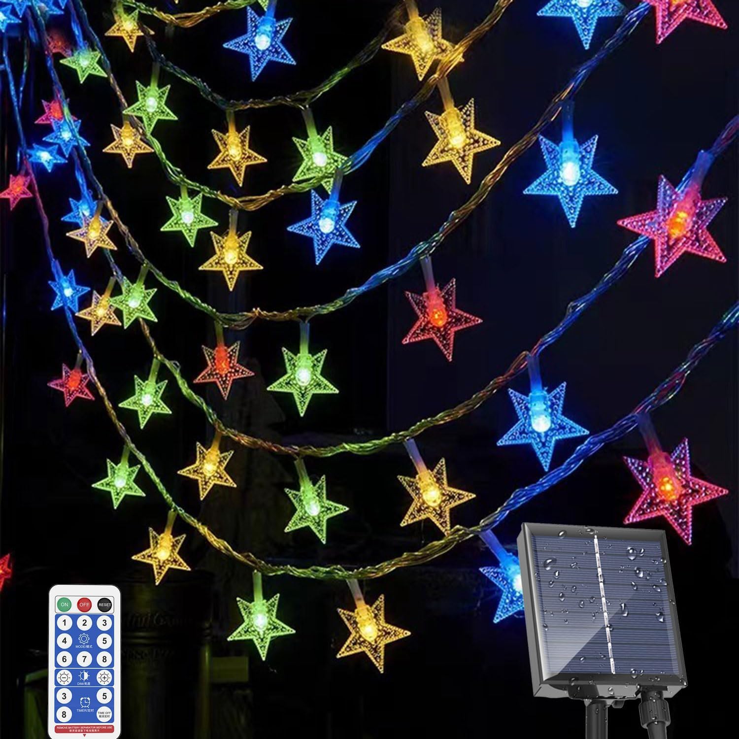 Solar String Lights Outdoor, 32ft with 80 LEDs, Solar Powered Star Lights, 8 Modes, Waterproof for Gardens, Patio, Landscape, and Xmas Tree Decorations (Multi-Coloured)