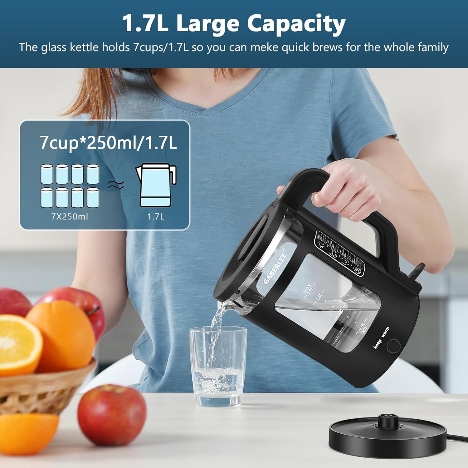 GABERLEE Electric Kettle 1.7L Glass Quiet Boil, 3000W Fast Heat, LED, Keep Warm