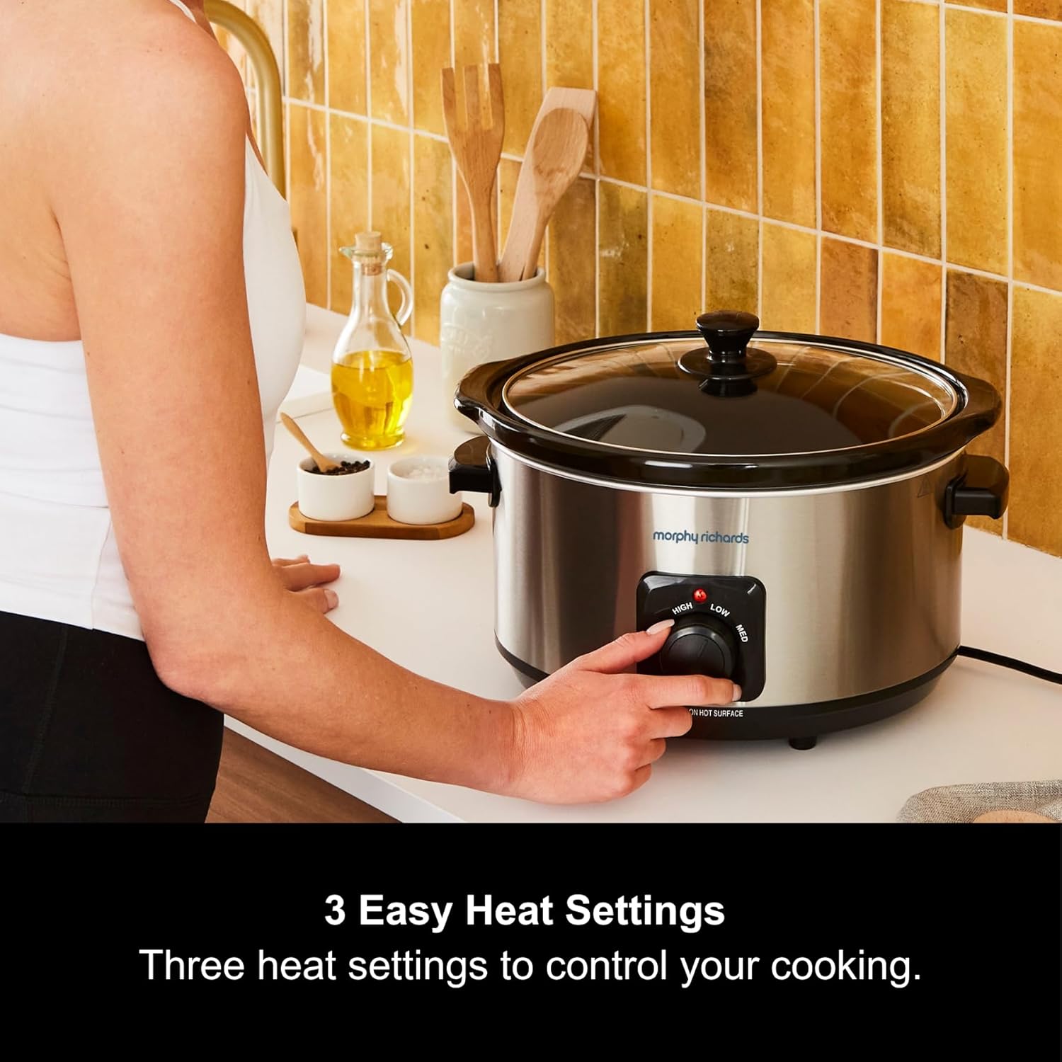 6.5L Silver Slow Cooker with Ceramic Pot, 3 Heat Settings, Easy Clean, Brushed Steel Family Cooker 461013