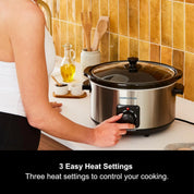 6.5L Silver Slow Cooker with Ceramic Pot, 3 Heat Settings, Easy Clean, Brushed Steel Family Cooker 461013