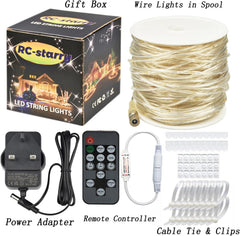 RC-starry LED string lights set with packaging, wire lights in a spool, power adapter, remote controller, and cable tie & clips.
