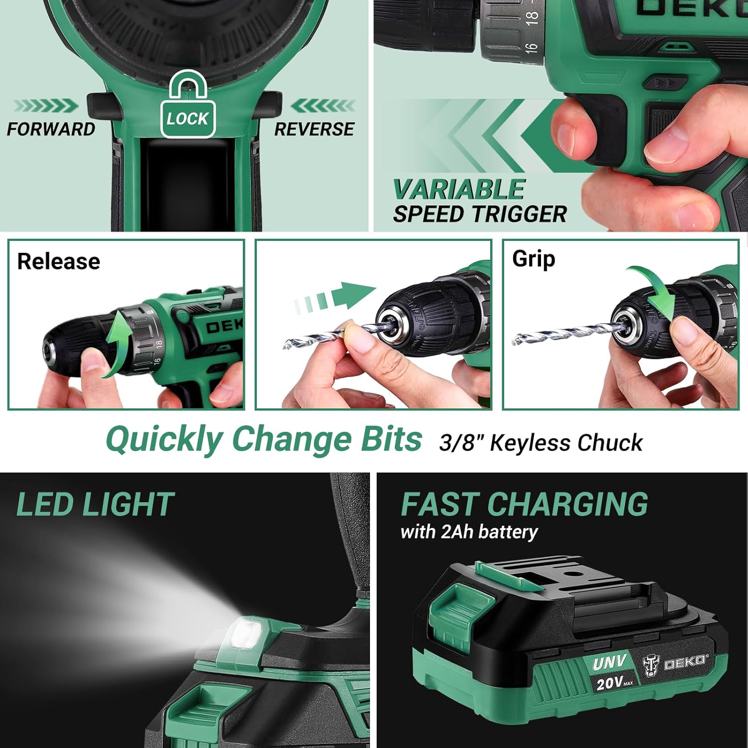DEKO 20V Power Drill Tool Box with Battery Electric Drill Driver for Men Home Hand Repair Basic Toolbox Tools Set, 186 Pieces (Green)