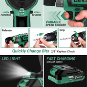 DEKO 20V Power Drill Tool Box with Battery Electric Drill Driver for Men Home Hand Repair Basic Toolbox Tools Set, 186 Pieces (Green)