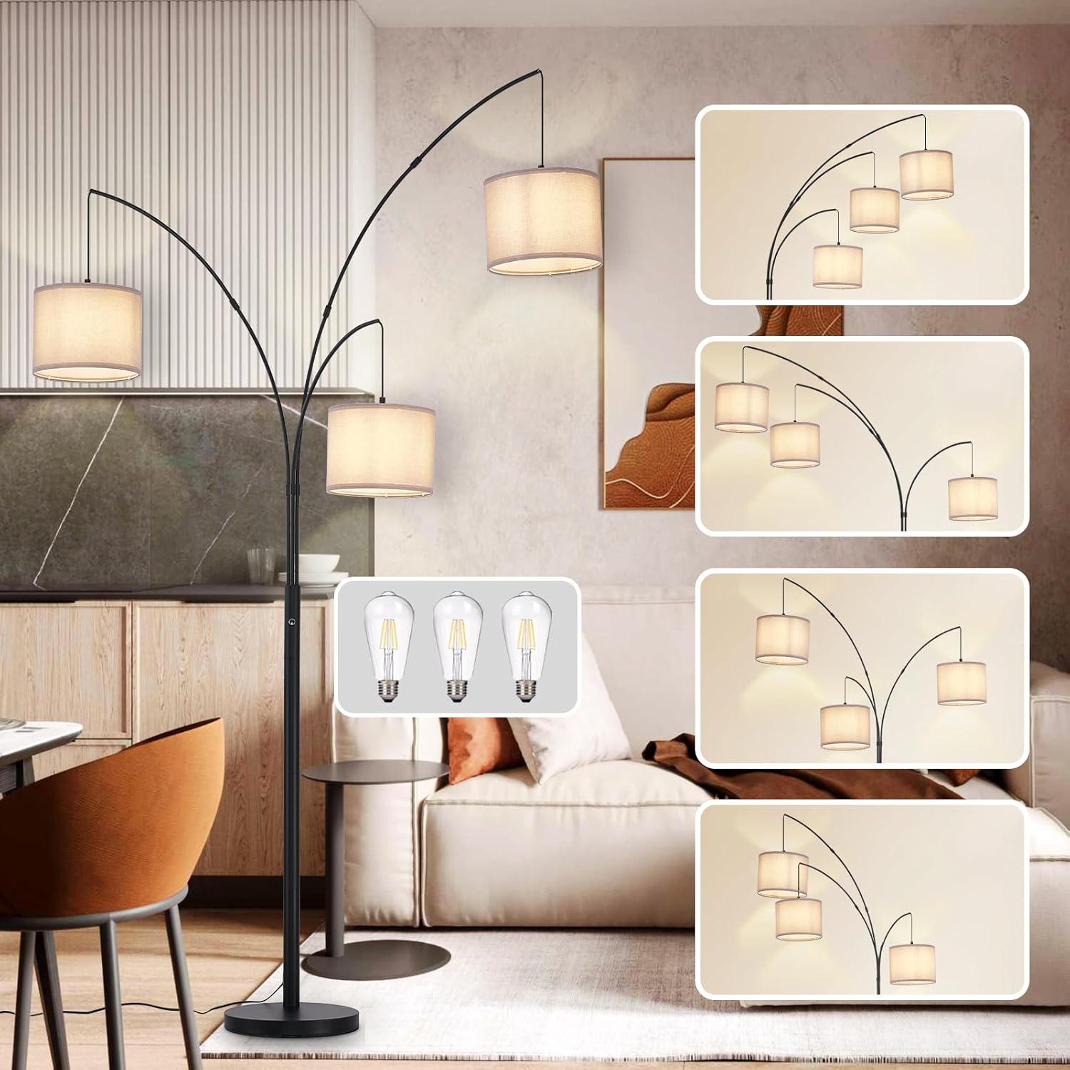 Modern 3-Light Tree Floor Lamp – Black Arc Standing Lamp with Grey Shades – Dimmable Tall Lamp for Living Room & Bedroom