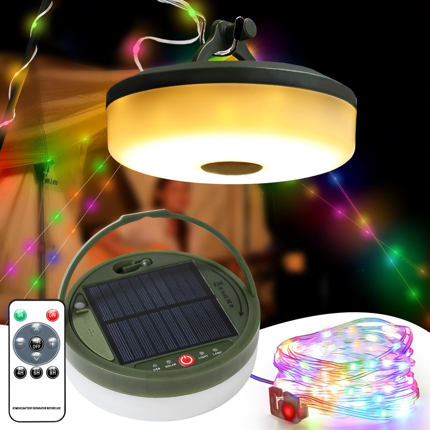 Outdoor Solar Camping String Light 10m for Tents Waterproof IP65, Solar Lantern Light with 10m RGB String Light for Camping