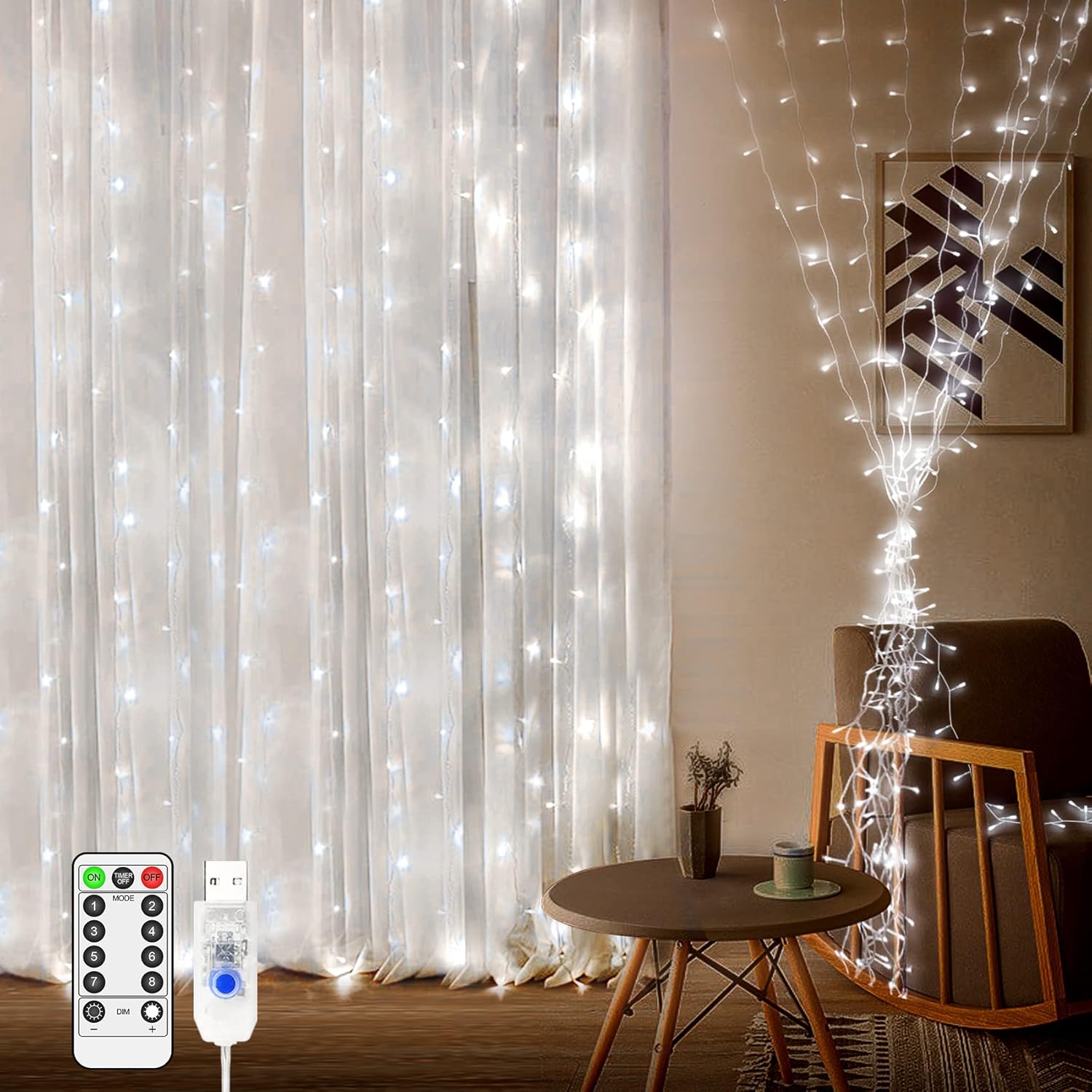 Curtain Fairy Lights Indoor Outdoor 200 LED 2mx2m Waterfall Plug in String Lights Waterproof Window Lights USB, Remote Timer 8 Modes for Bedroom Wall Wedding Party Xmas Decoration-Warm White