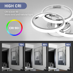 Ceiling light fixture with CRI 90+ rating and color temperature comparison in a room setting.