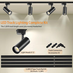 LED track lighting complete kit with light heads, track rail, and connection accessories on a neutral background.