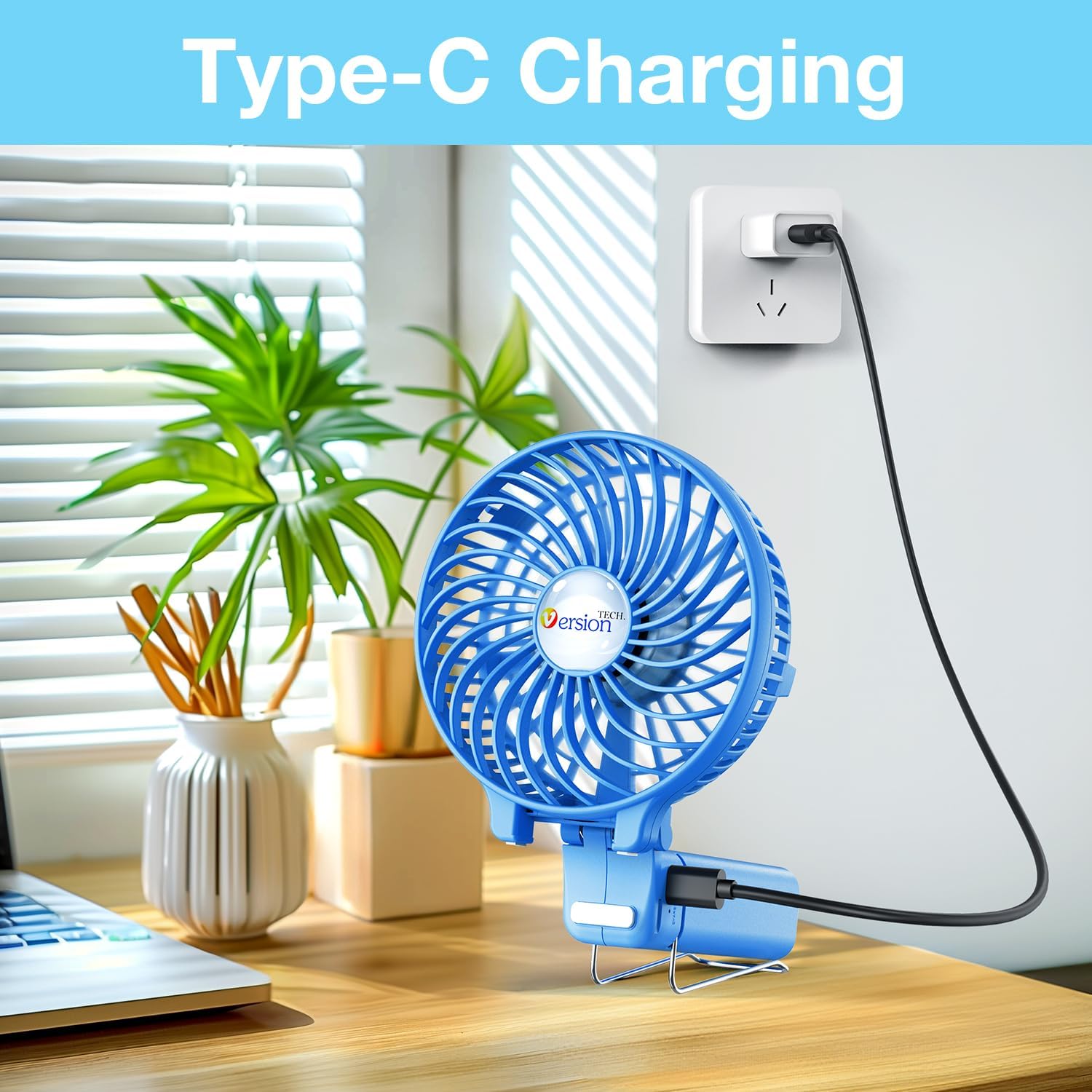 Mini Foldable USB Handheld Desk Fan 3 Speed Blue