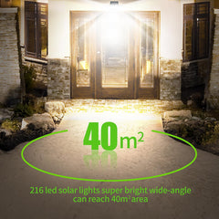 Solar lights illuminating a pathway with text indicating coverage area and number of lights.