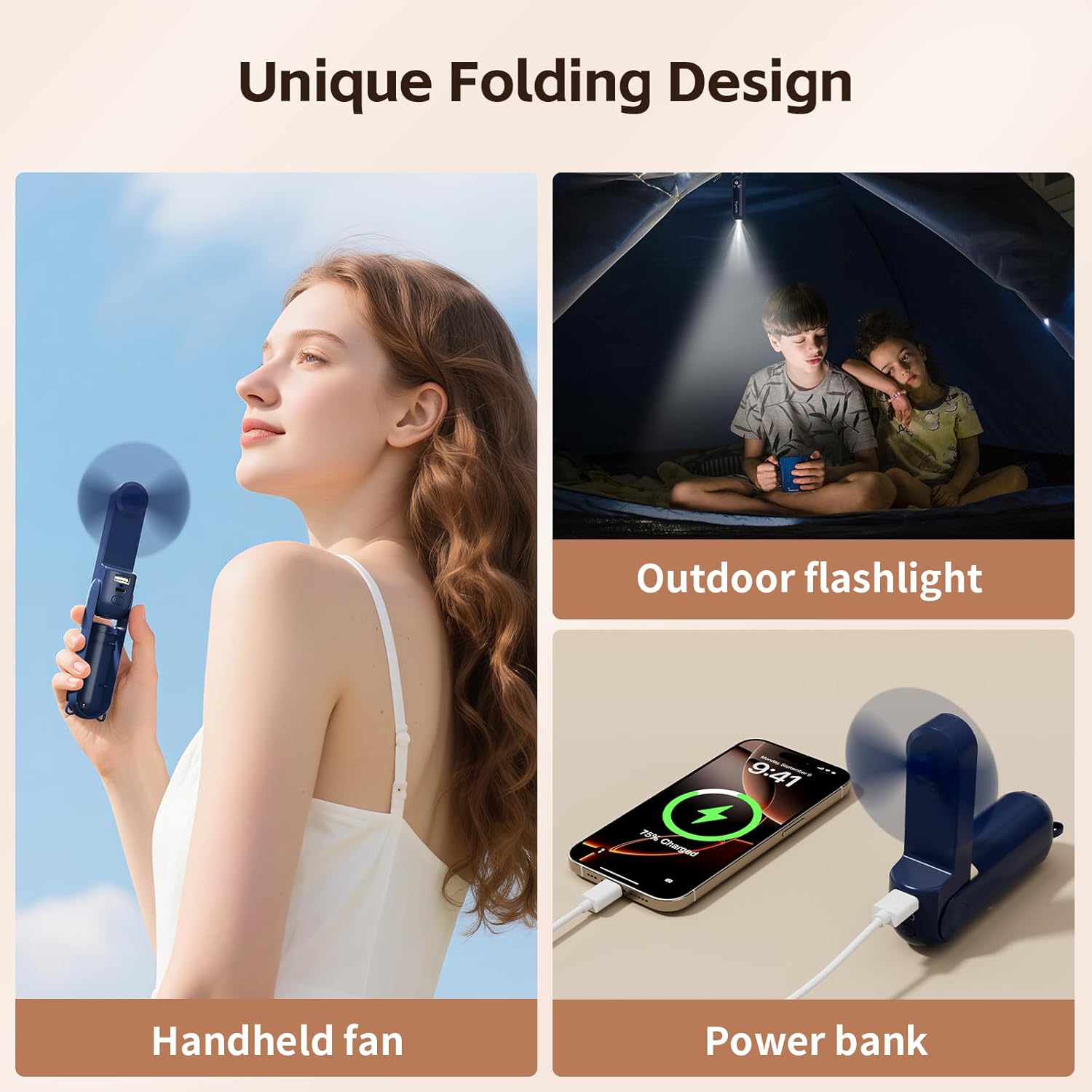 Handheld Mini Fan, USB Rechargeable 3 IN 1 Portable Fans with Power Bank, Flashlight, Small Foldable Pocket Design for Travel & Concerts, Emergency Essentials for Outdoor, Gifts for Women (Navy Blue)
