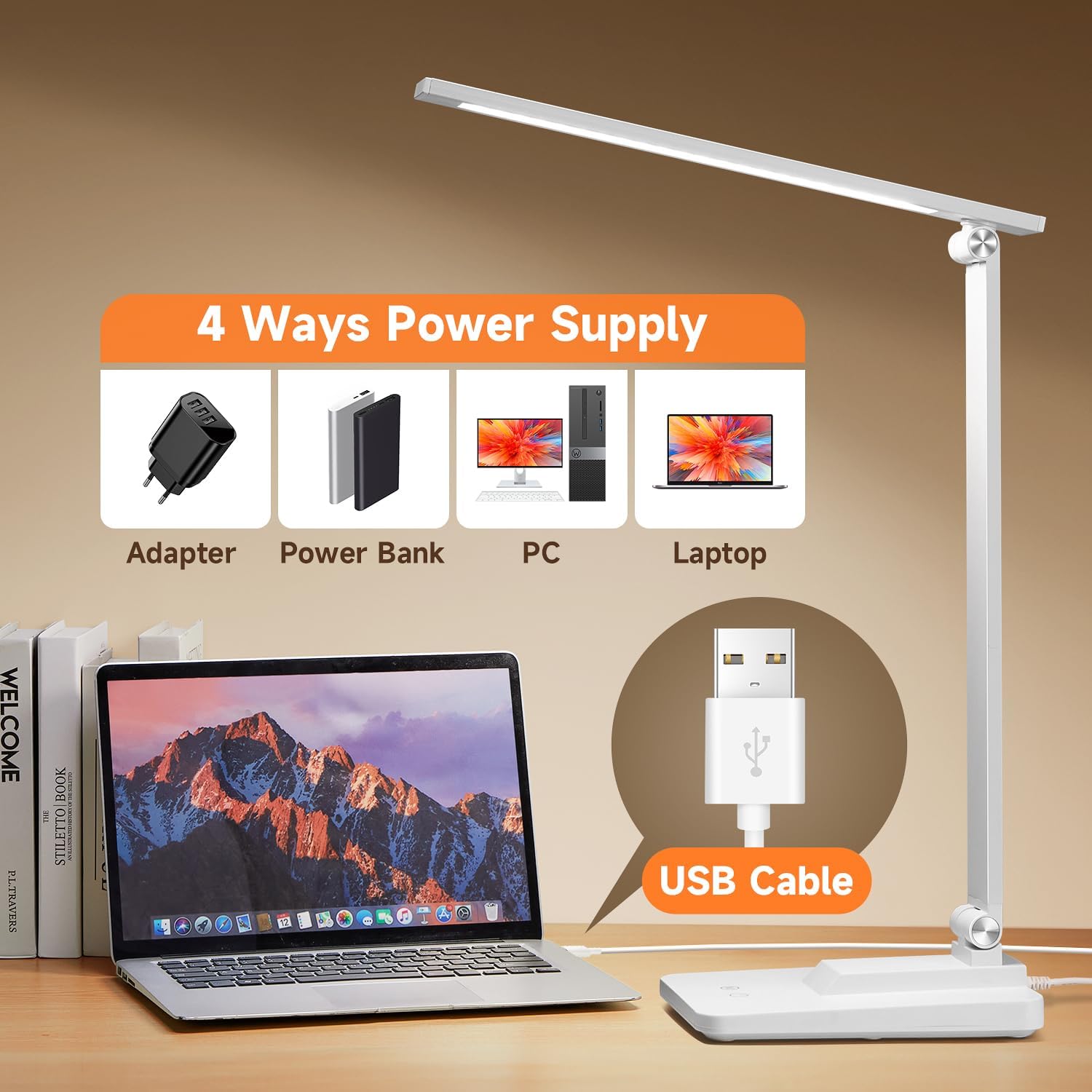 LED Desk Lamp with 15 Adjustable Modes, Dimmable Reading Light for Study, Bedside Lamp with Timer, Multi-Powered Office Desk Lamp, Black Desk Lamp for Home & Bedroom