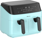 9L Dual Air Fryer XXL Family Size – 8 Presets, Oil-Free Healthy Cooking, Easy-Clean Metal Interior, 99-Min Timer – Aqua Blue