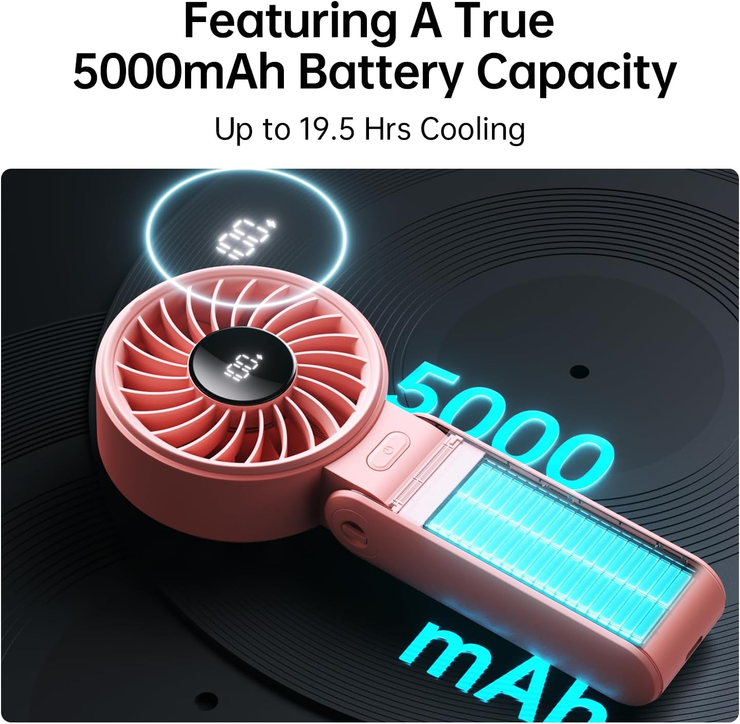JISULIFE Handheld Fan Life7 – Ultimate Flexibility: High-Power Motor, LED Display, 5000mAh Rechargeable, 5-Speed, Foldable Design, 3-IN-1 Portable Hand/Desk/Neck Fan for Travel, Gift for Women (Pink)