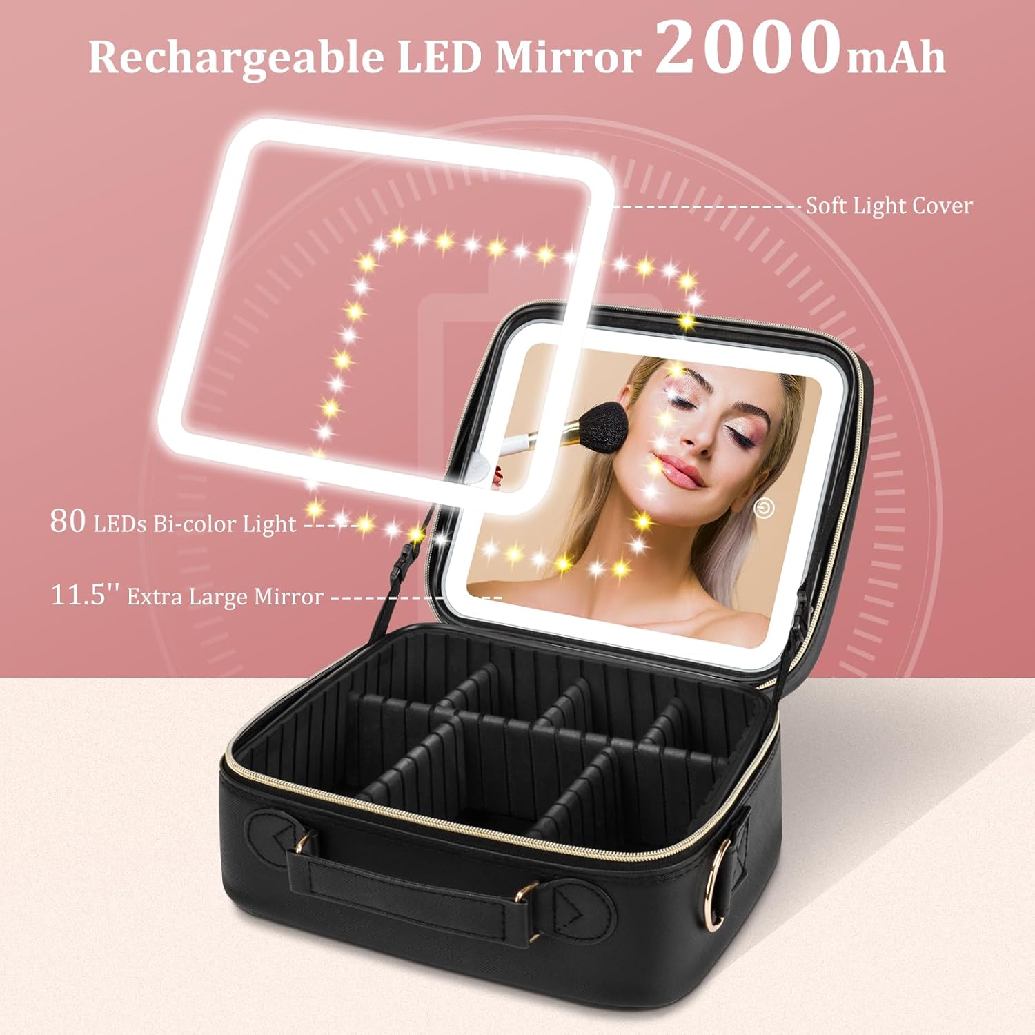Makeup Organizer with LED Mirror, Stepless Dimmable Light, Travel Cosmetic Bag – Black