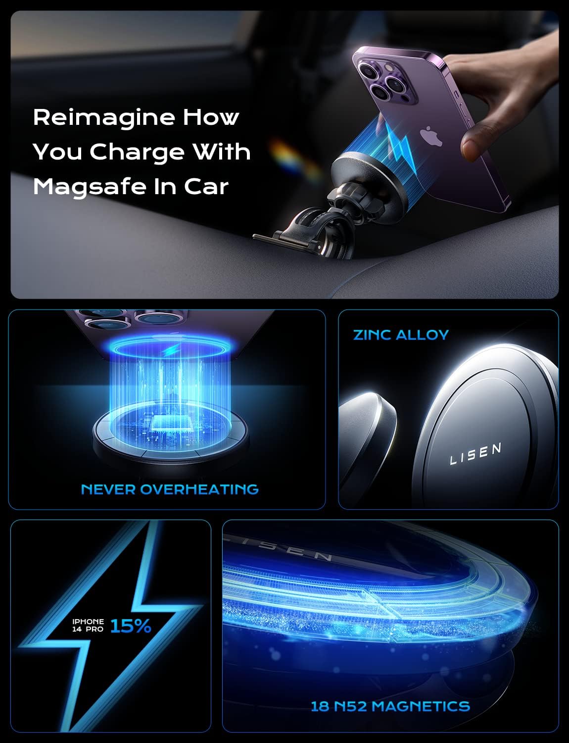 LISEN 15W Magsafe Car Charger Magnetic Phone Holder for iPhone – Black