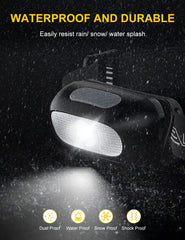 Black flashlight with bright light shining in a snowy environment, emphasizing waterproof and durable features.