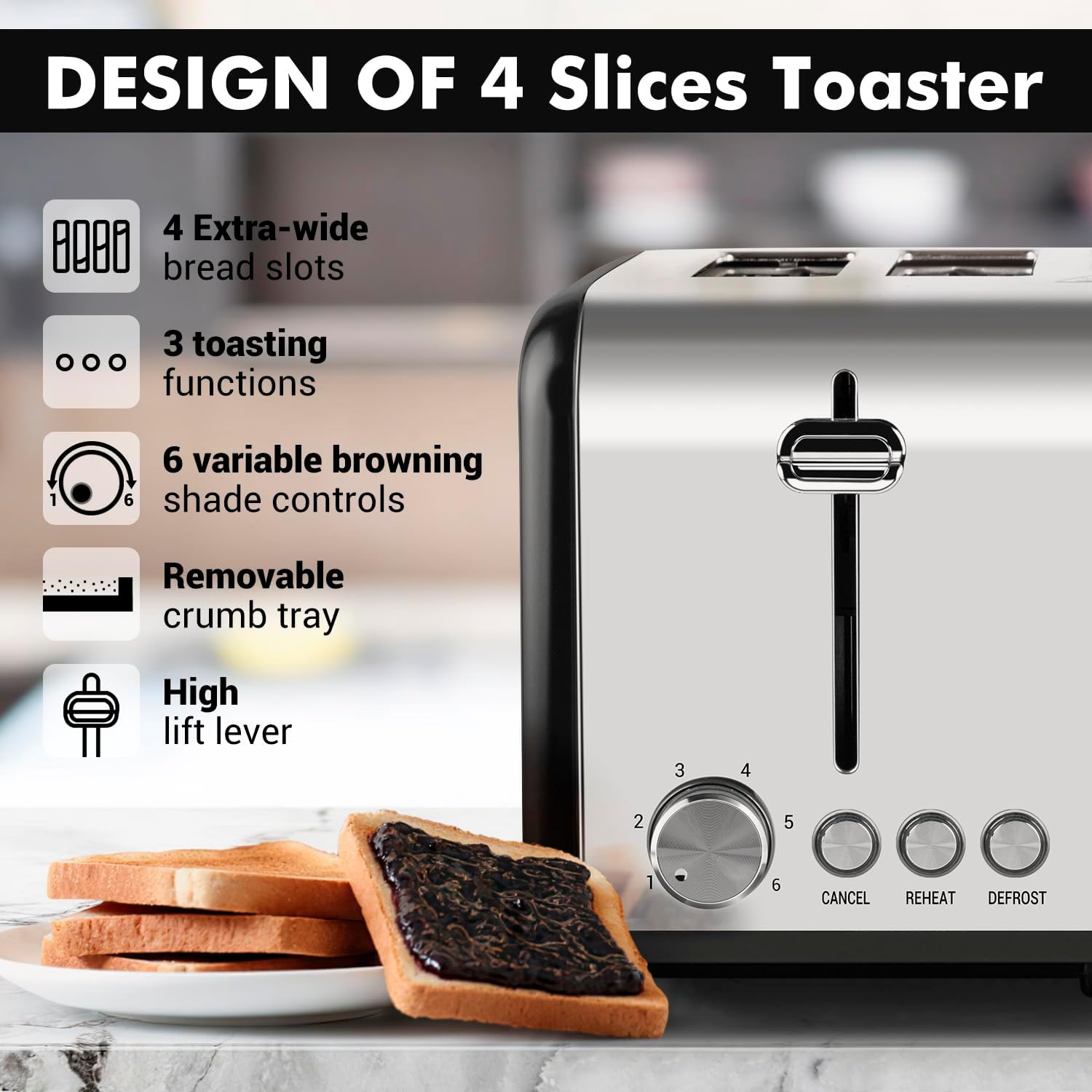 4 Slice Stainless Steel Toaster | Extra-Wide Slots, 6 Browning Levels, Defrost, Reheat & Cancel Functions, Removable Crumb Tray