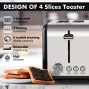4 Slice Stainless Steel Toaster | Extra-Wide Slots, 6 Browning Levels, Defrost, Reheat & Cancel Functions, Removable Crumb Tray