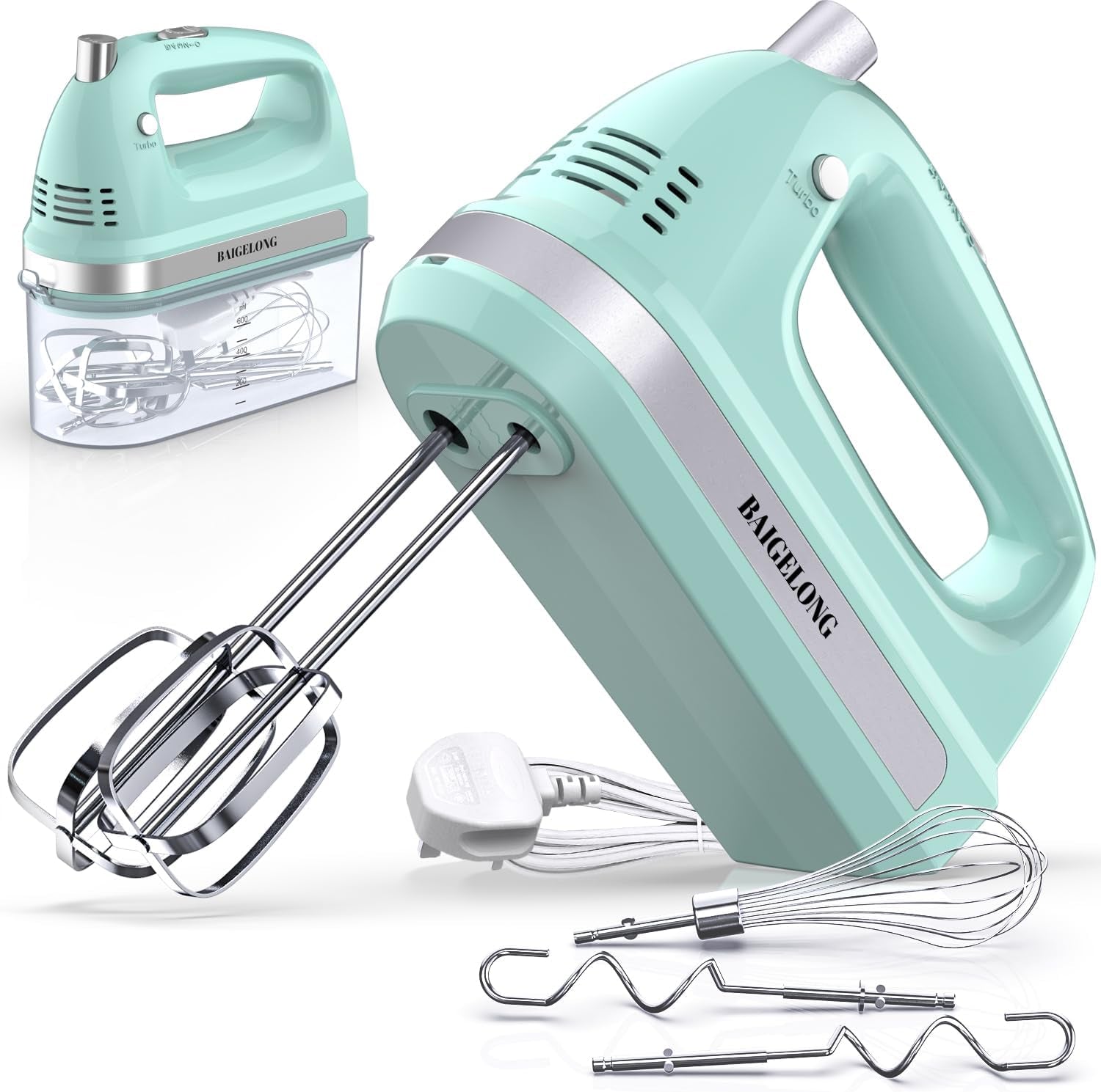 300W Hand Mixer with 5 Speeds + Turbo, 5 Stainless Steel Attachments – Powerful Kitchen Blender for Baking, GREEN
