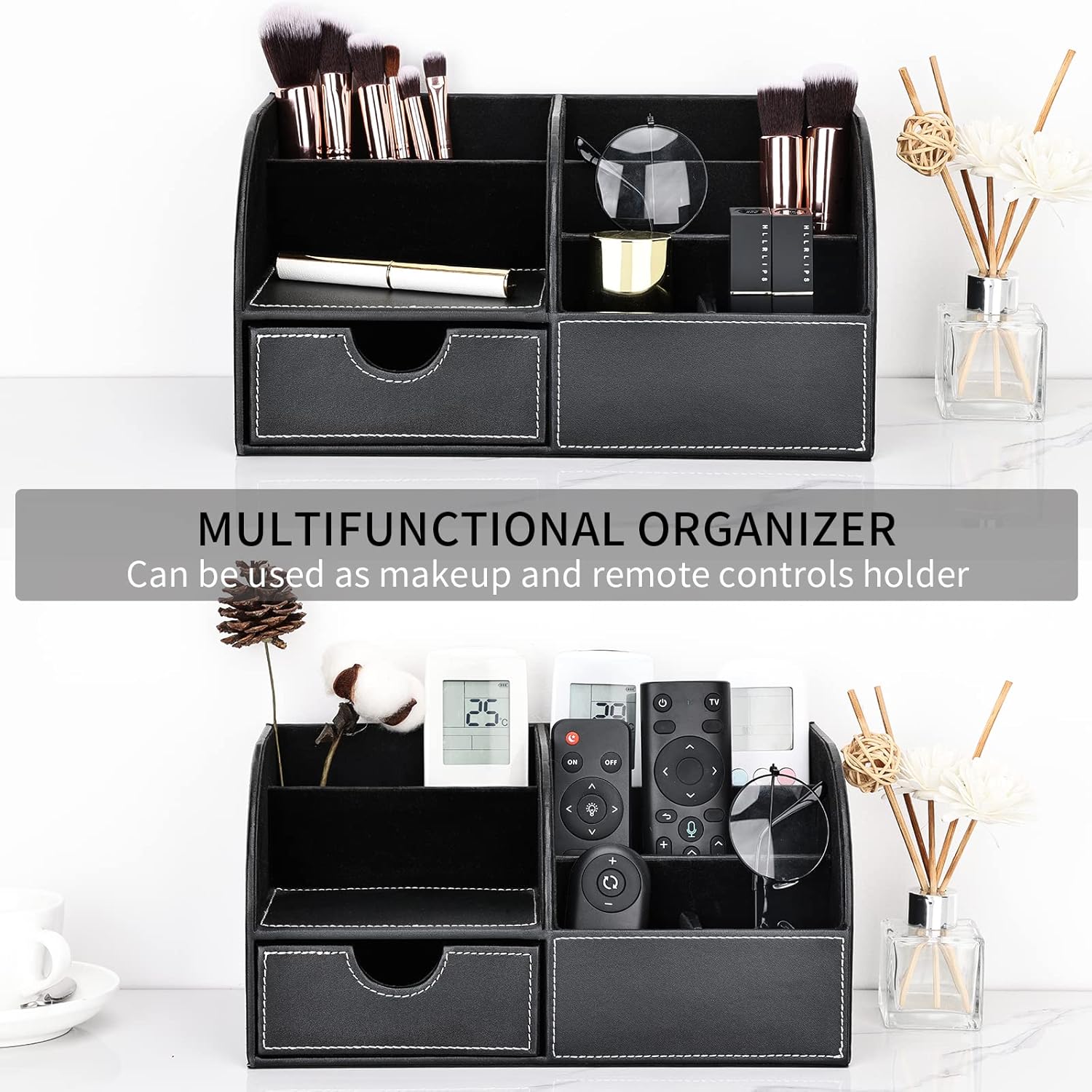 PU Leather Desk Organiser – Black Office Stationery Storage Box & Pen Holder