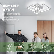Ceiling light fixture with people sitting on a couch and text highlighting features like dimmable design and remote control.