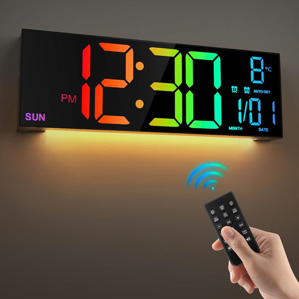 16.5" Large LED Digital Wall Clock with Remote, Dual Alarm, RGB Colors, Date & Temperature Display