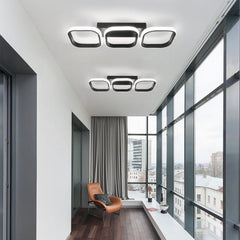 Modern interior design with ceiling lights and large windows